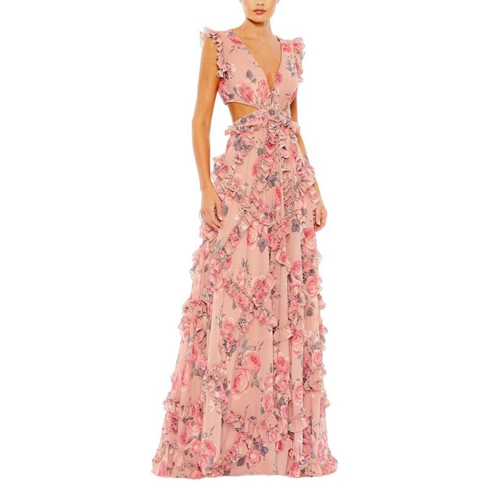 Mac Duggal Womens Ruffled Cut Out Cap Sleeve V-Neck Chiffon Gown